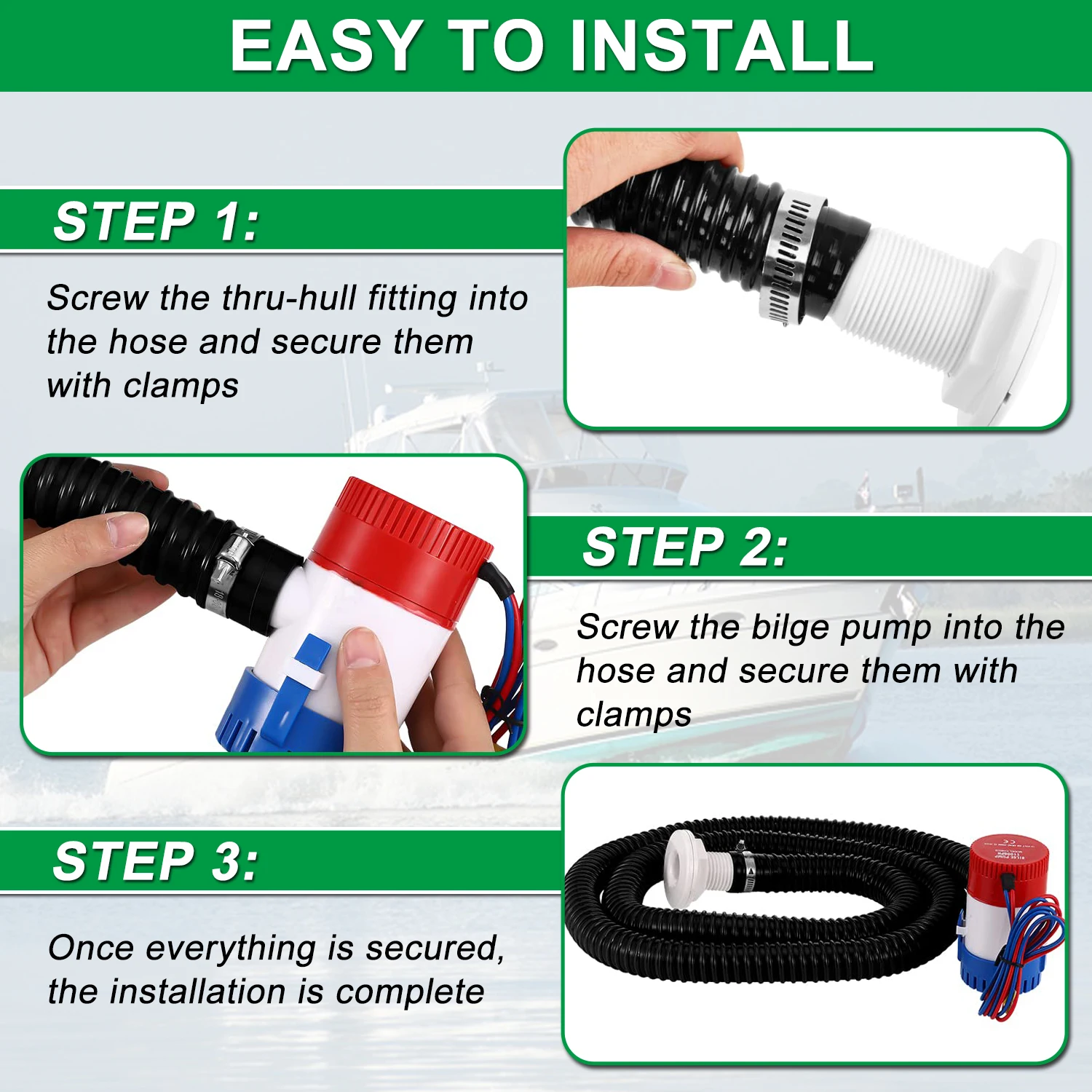 Pompa di sentina marina 1100GPH Kit idraulico pompa Dia 12V 1-1/8 pollici con tubo flessibile da 6 piedi 2 morsetti e raccordi a scafo passante per Yacht da barca