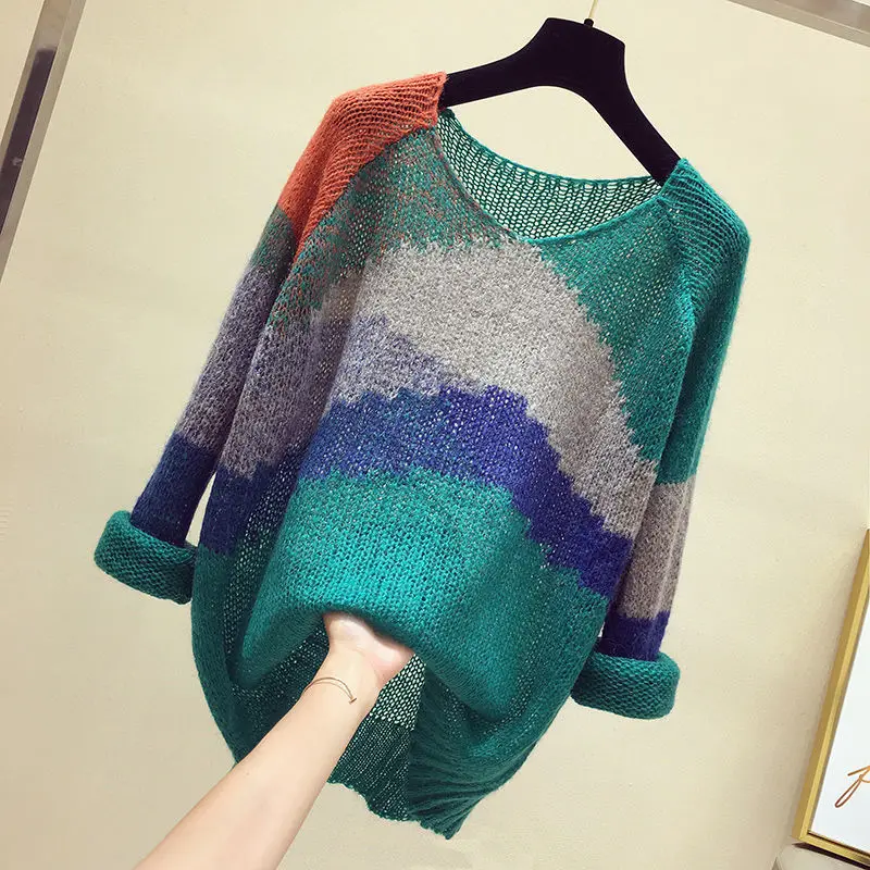 2024 Autumn/Winter Korean Edition Simple Fashion Casual Knitted Sweater Long Sleeve Loose Color Blocking Women\'s T-shirt Top