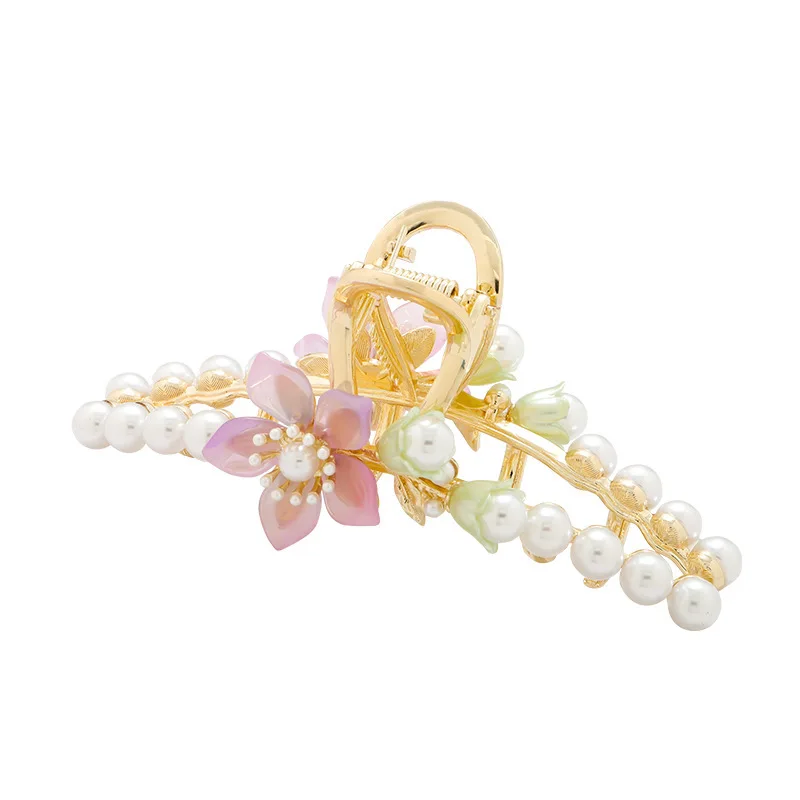 Pink Flower Pearl Hair Claw Clip For Women Girls Korean Fashion Large Metal Hairgrips Ponytail Holder Party Headwear Accessories