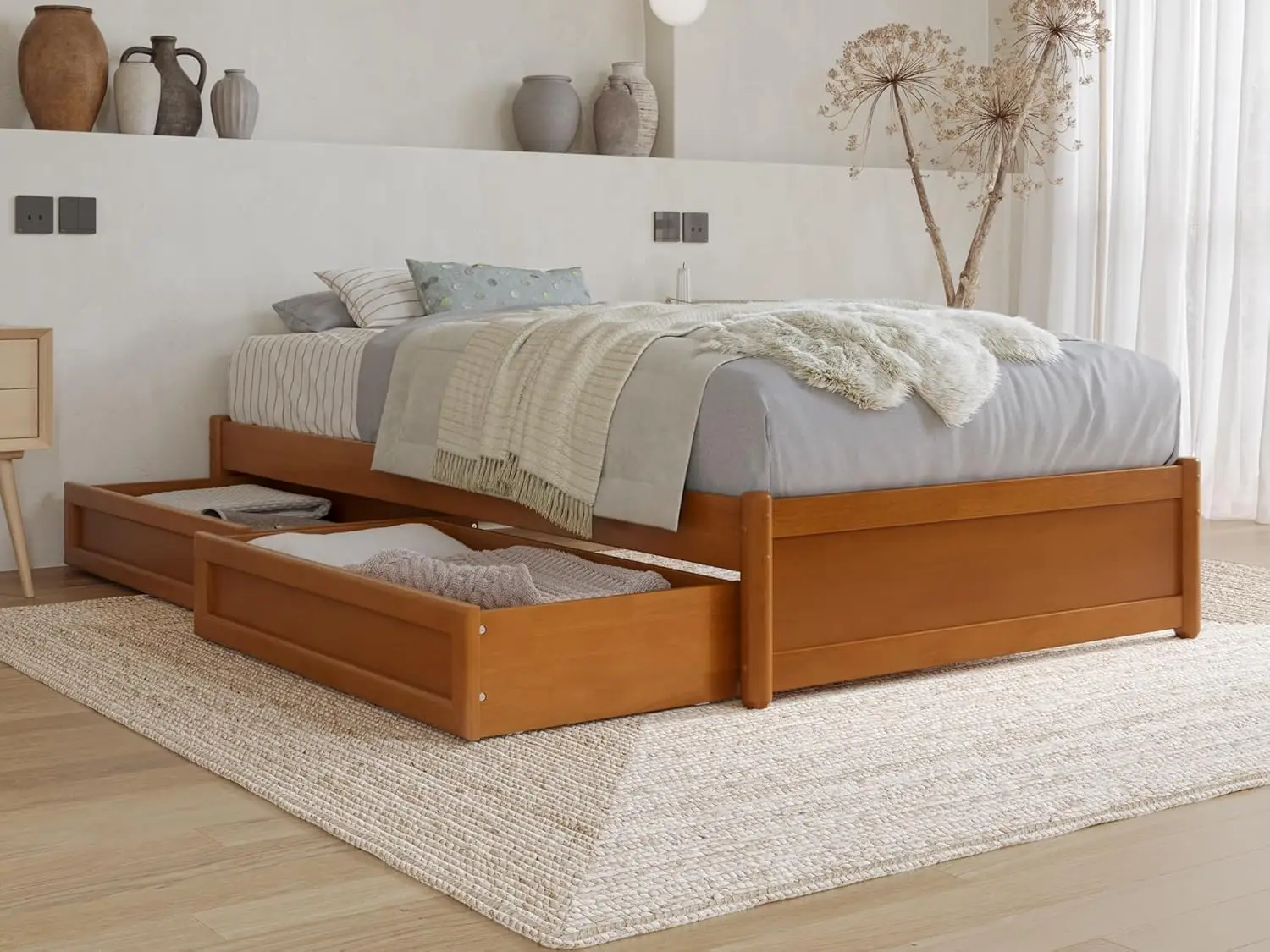 Twin Panel Platform cama com gavetas do armazenamento, Barcelona, luz Toffee