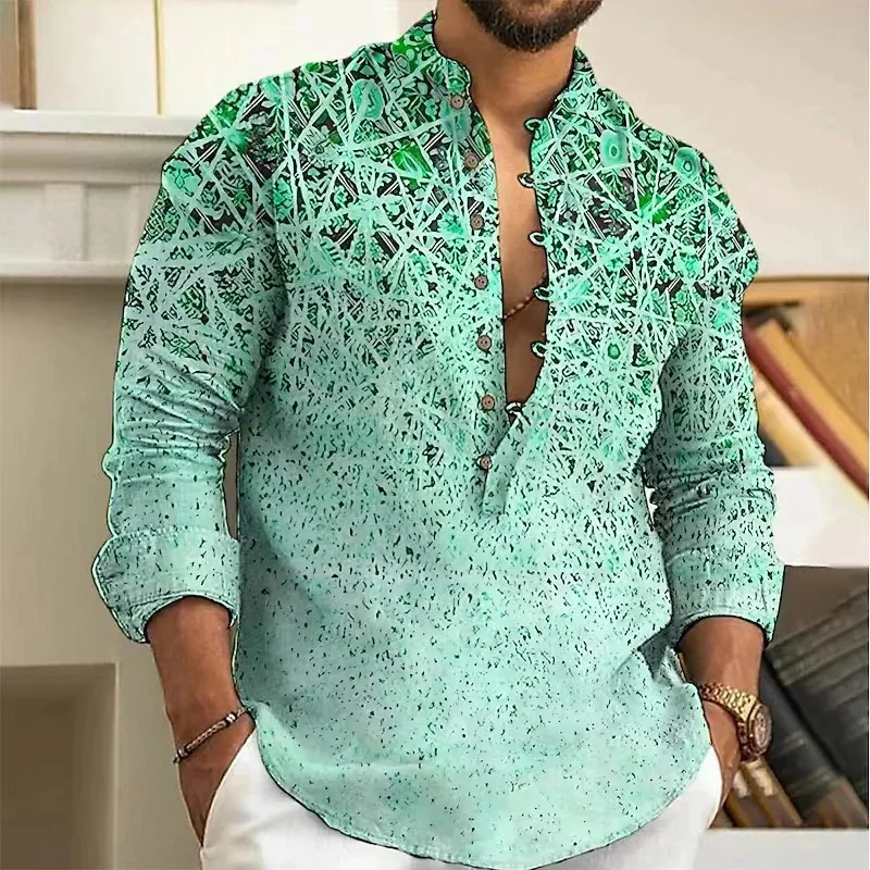 2024 Spring and Autumn Men\'s Shirt Long Sleeve Loose Casual Button V-Neck Seven-Breasted Beach Shirt Multicolor Henley Shirt