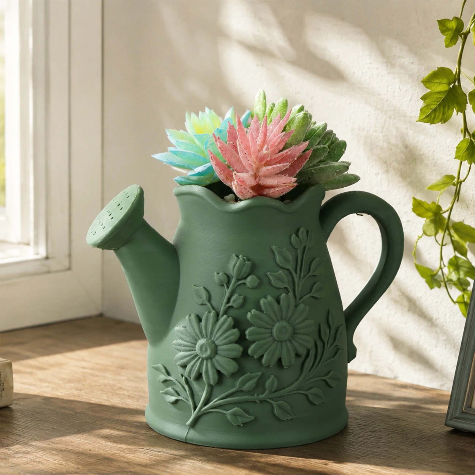 Cross-border Vintage Embossed Daisy Watering Can Shaped Planter, Matte Green Decorative Creative Flower Pot For Succulents Green