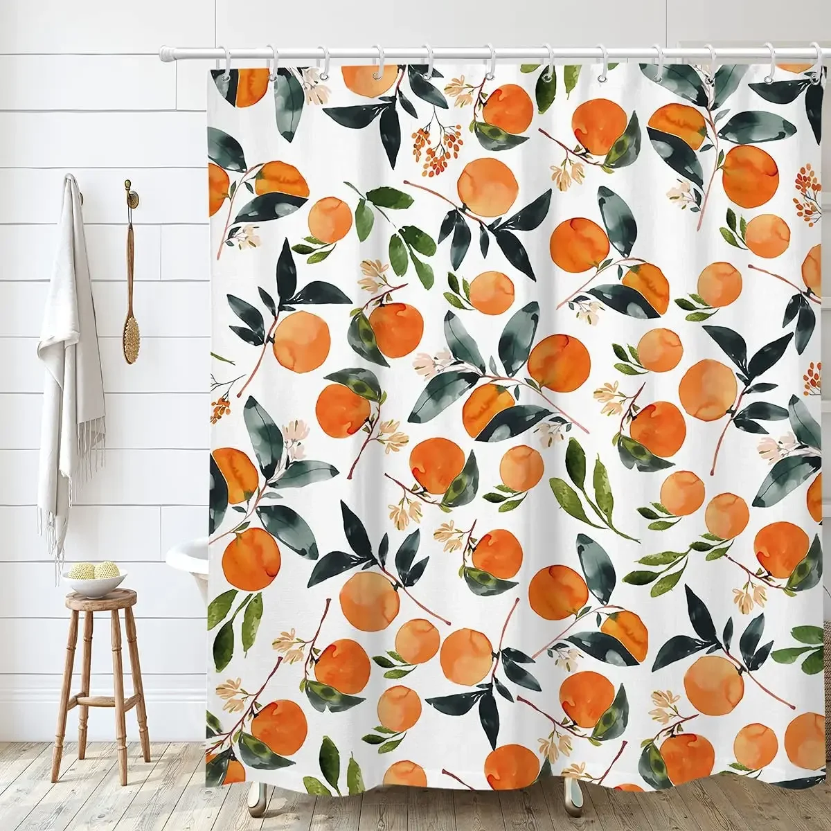 Water Color Peach Shower Curtain Round Citrus Pattern Design Colorful Cute Fruit Grange Fresh Leaves Polyester Fabric With Hooks