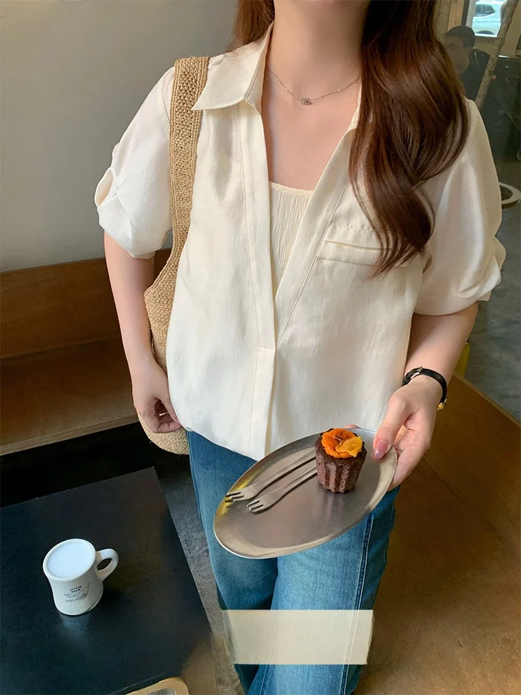 

Элегантная летняя блузка с эффектом похудения для полных женщин, французский стиль, свободный крой, имитация двухслойности, новинка