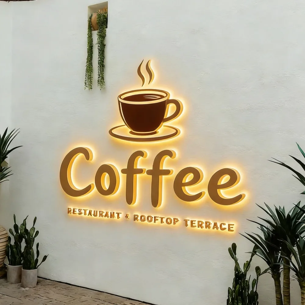 Custom 3D Metal LED Wall Logo Sign, Backlit Halo Front Lit Business Signage Perfect for Coffee Shop & Cafe Indoor Outdoor Decor