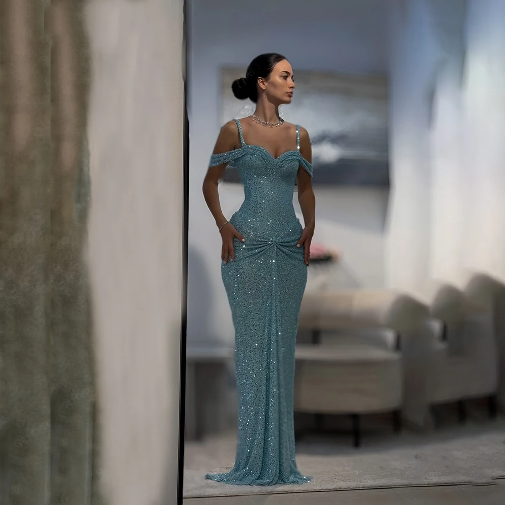 

Shiny Blue Sheath Prom Dresses Halter Sleeveless Evening Dress Off The Shoulder Pleats vestidos de noche Formal Gown Customized