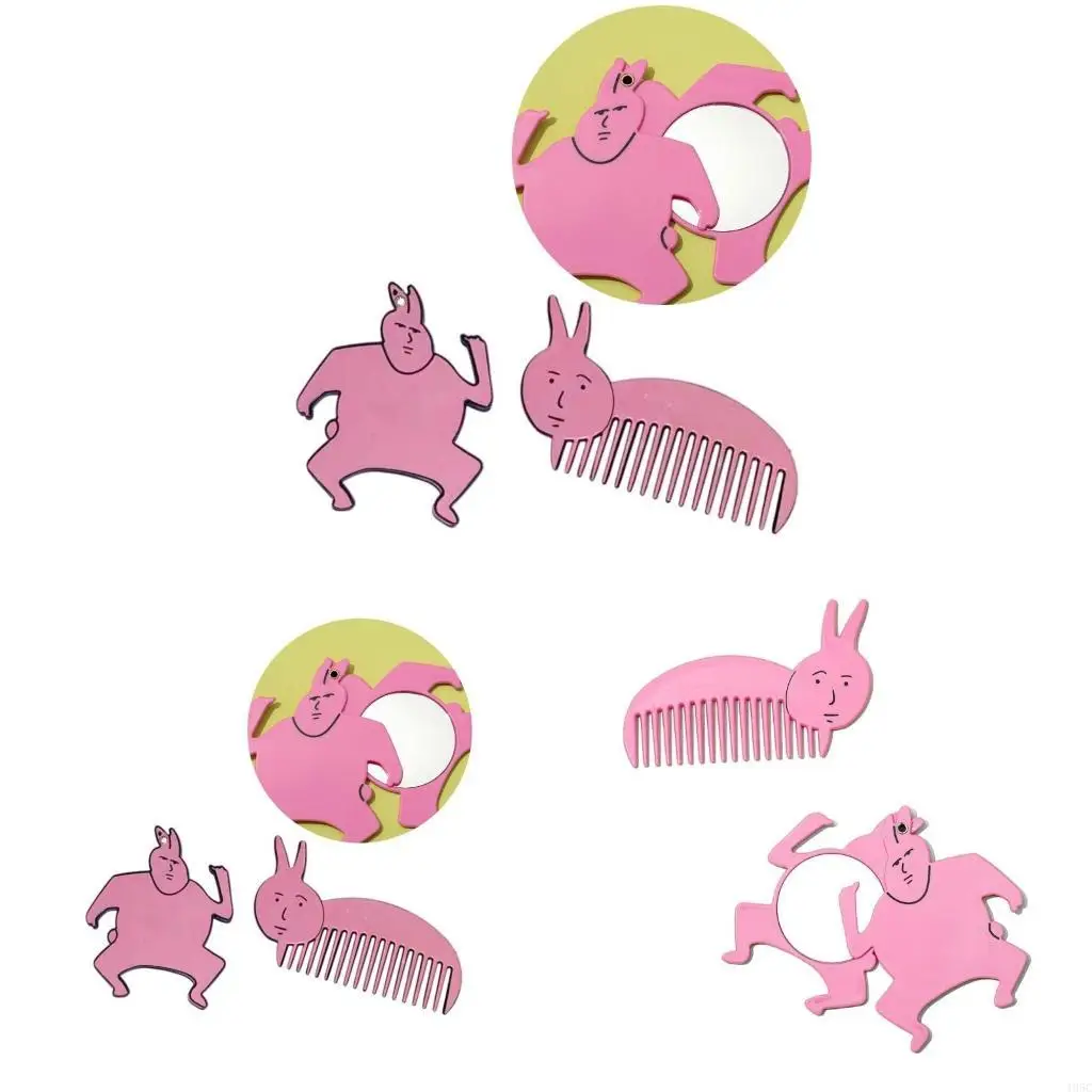 195C Novelty Mirror and Comb Set Pink Rabbit Theme Keychain Acrylic Material Great Gift for Fashion Forward Individuals