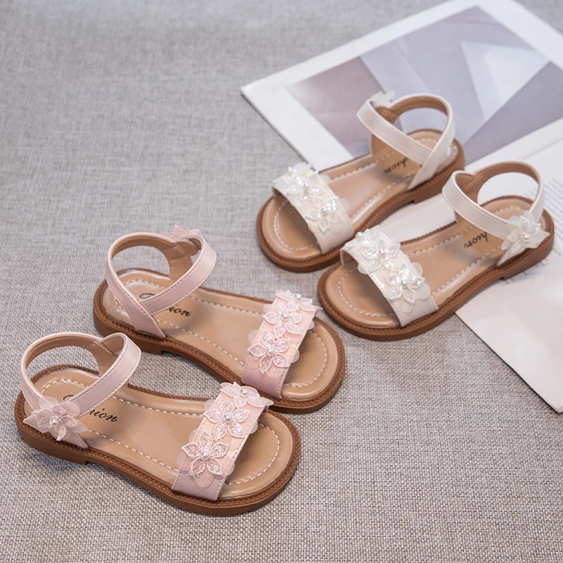 

Summer Girl's Sandals Flower Open Toe Hook-loop Sweet Kid's Flat Shoe Solid Colors Anti-slip Daily Charming Children Shoes