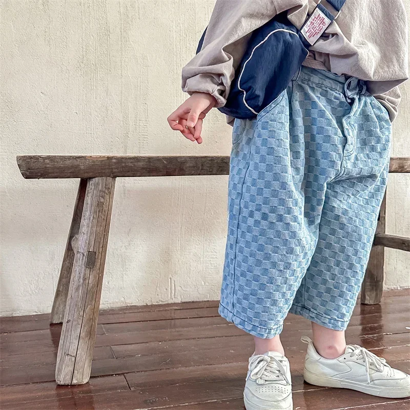 

Spring Fall Kids baby block plaid Calf-Length jeans Girls Boys loose all-match Trousers 1-6Y