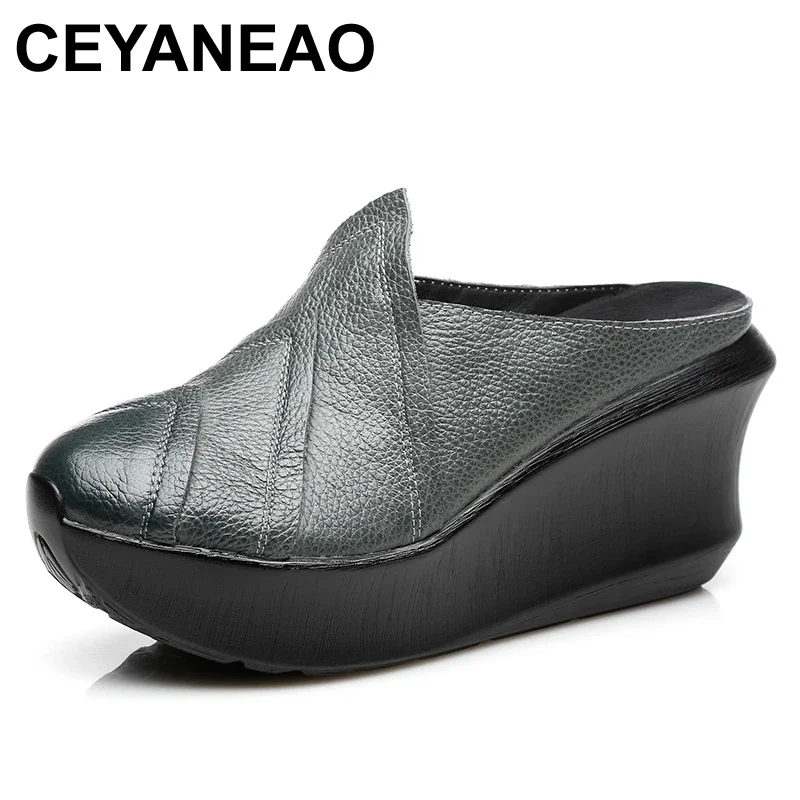 

CEYANEAO Genuine Leather Women Slippers 8CM High Heels Wedges Summer Shoes Retro Platform Handmade Women Leather Slipper