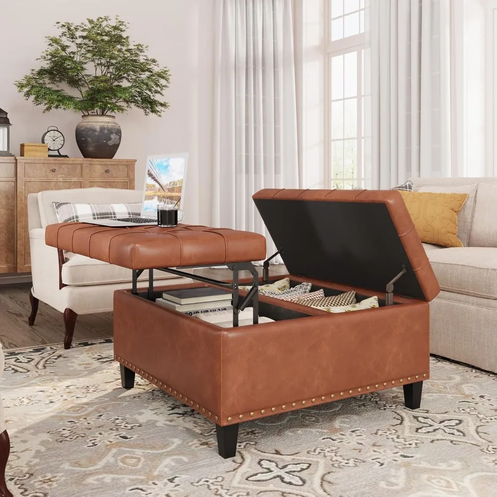 Ottoman kulit persegi dengan penyimpanan, Leather Coffee Table Ottoman dengan pengangkat atas, tempat penyimpanan mainan bangku pijakan kaki berlapis kain besar