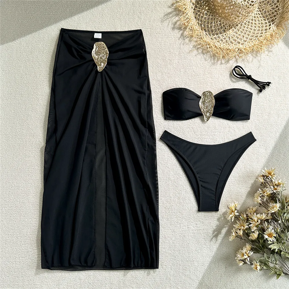 

Metal Oyster Ornament Black Bandeau Bikinis Sets 3 Pieces Sexy Swimsuit Cover Ups Skirts Women Solid Swimwear 2025 Beach Wear