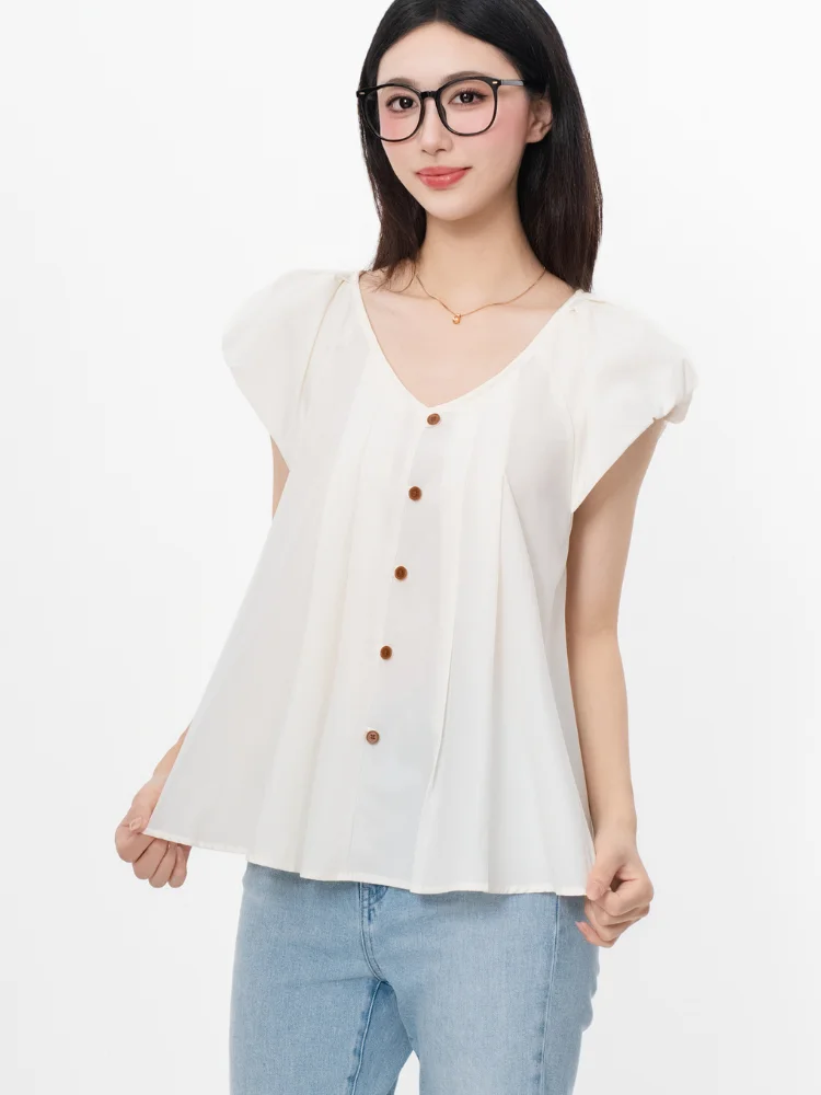 

Ele V-ne ort Sve T-irt Korean Sle Women's Loose Fit Slimming Top Button Detail Casual Summer New Arrival