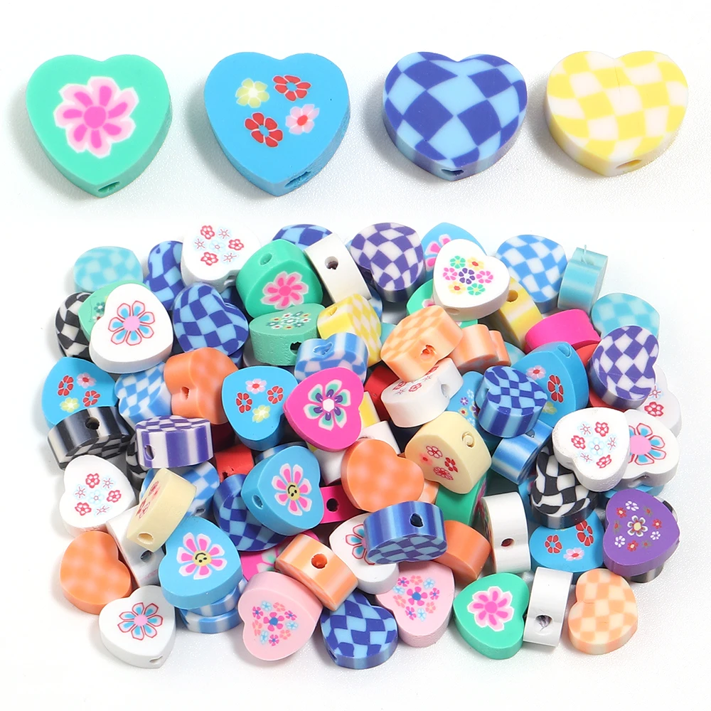 50 Stück Herz-Perlen aus Polymer-Ton, gemischte Farben, karierte Blumen, Liebesherzen, lose Perlen für die Schmuckherstellung, DIY-Halskette, Armband, Schlüsselanhänger