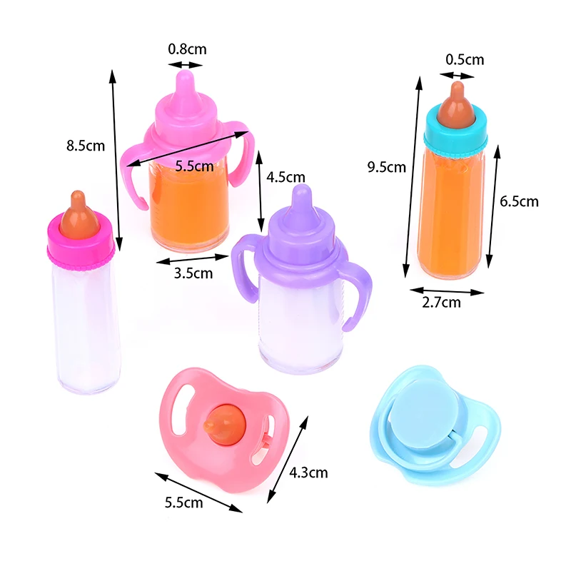 Garrafa de mamilo de plástico para bonecas recém-nascidas, brinquedos Dollhouse, acessórios Doll, Magic Milk Juice Bottles, chupeta Bibs, Fits recém-nascidos, 10 ", 12", 14"