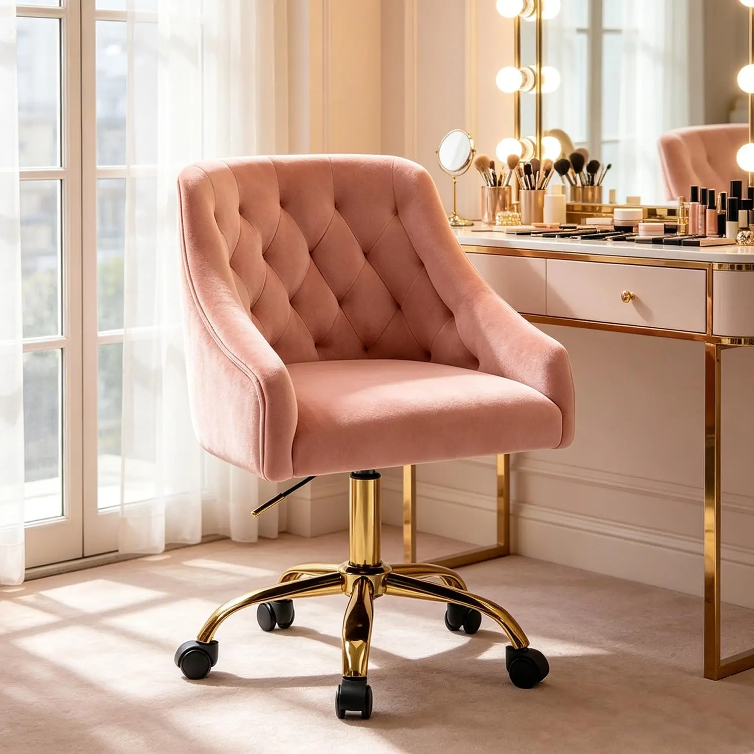 Velvet Home Office Desk Chair, Vanity Chair with Wheels Pretty Fancy Gold 360°Swivel Height Adjustable Office Chairs
