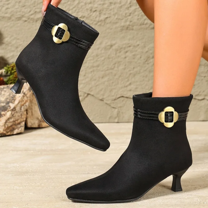 Women Boots Fashion Suede Casual Short Boots Temperament Pointed Black Slim-fitting Boot High Heels Boots Side Zipper Ankle Boot