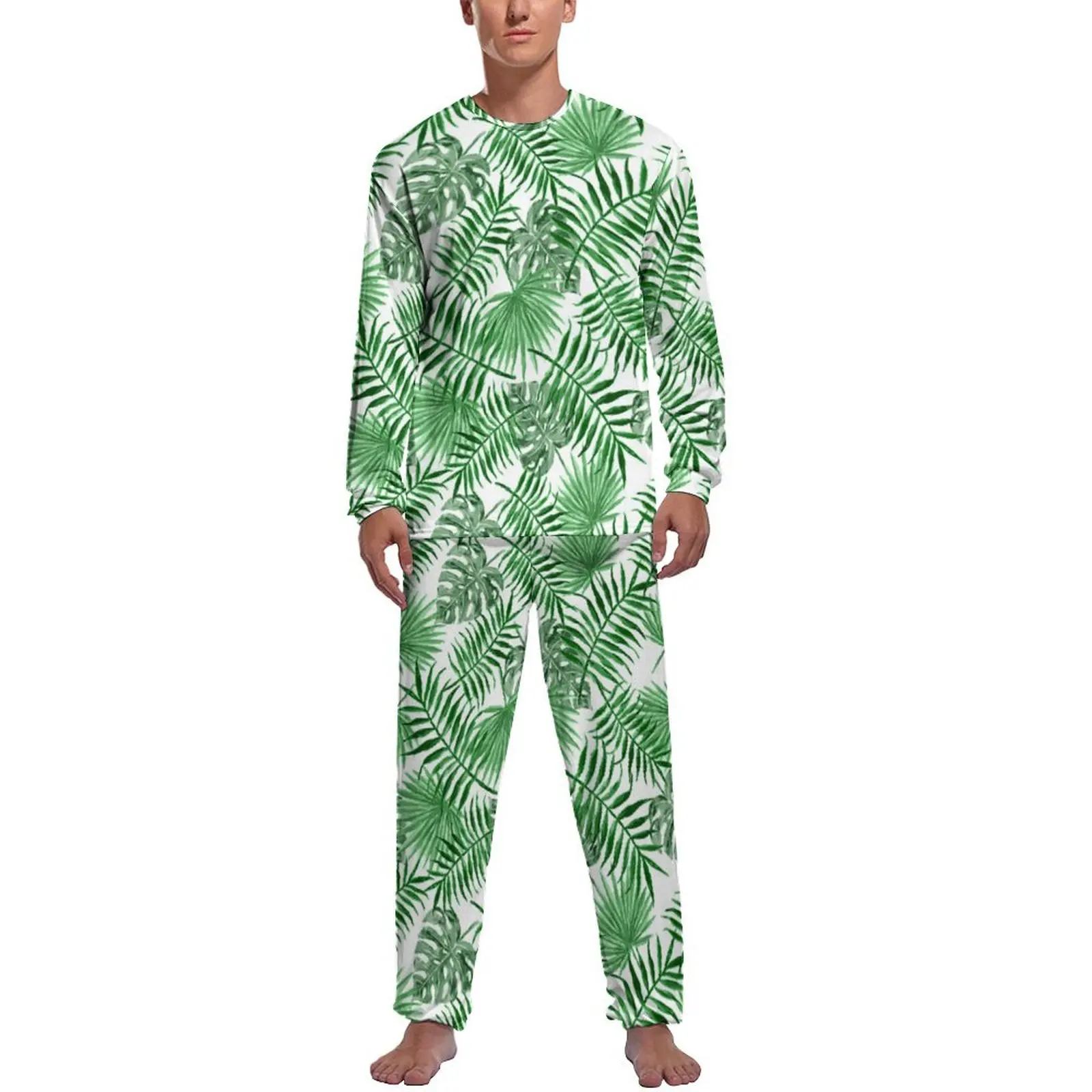 Palmtree Leaves Pajamas Autumn Two Piece Tropical Plants Print Fashion Pajamas Set Man Long Sleeve Leisure Custom Nightwear