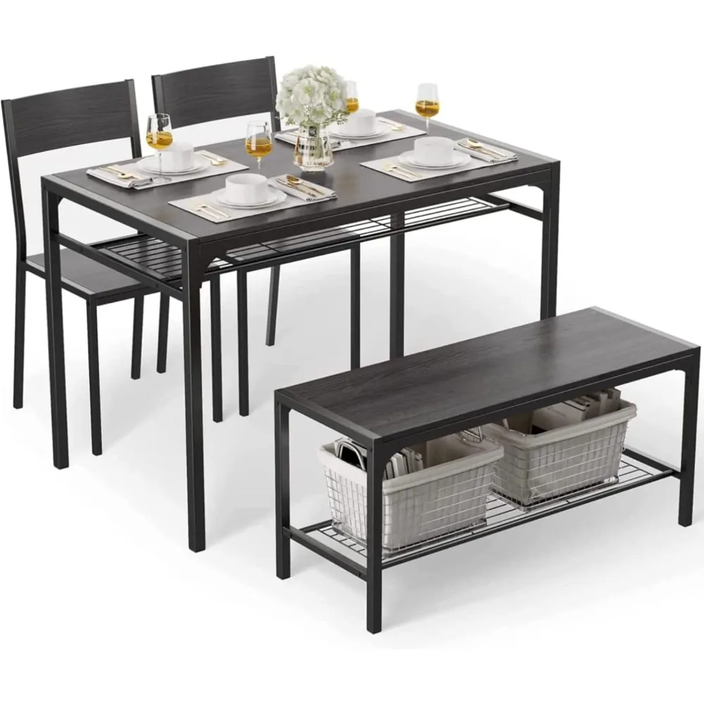 Kitchen Table and 2 Chairs for 4 with Bench, 4 Piece Dining Table Set for Small Space, Apartment，43 x 26 x 30 inches