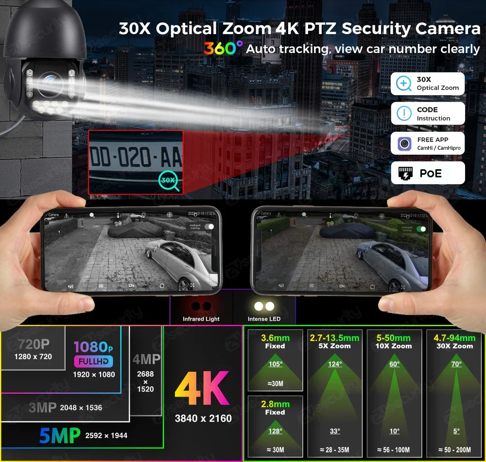 4K 8MP 30X Optical Zoom 360° IP PTZ PoE Camera Outdoor Auto Tracks Auto Zoom AI Detect Alarm Onvif Speed Dome Security Cameras