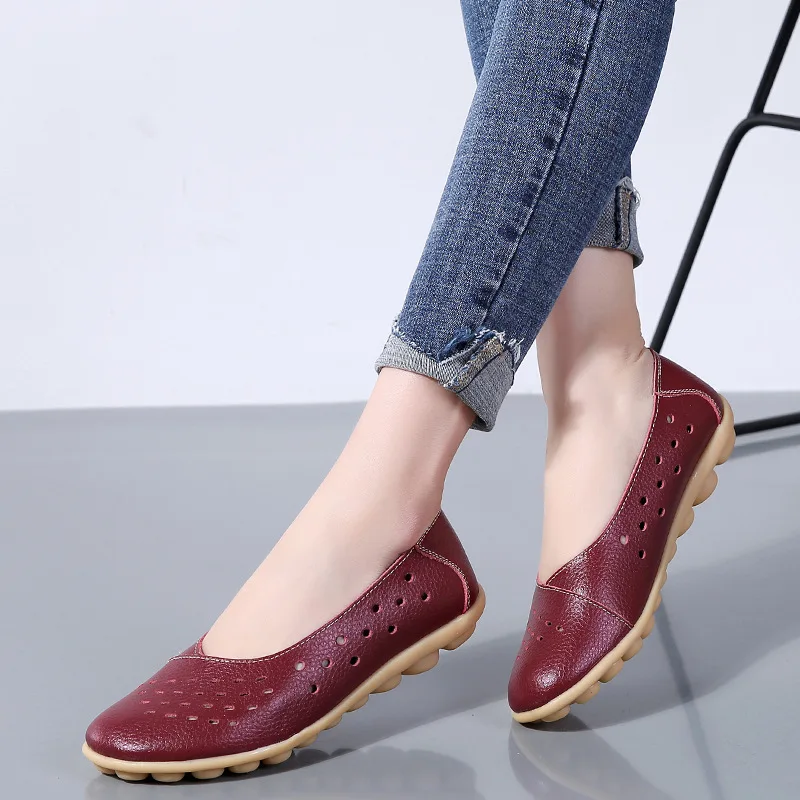 Genuine Leather Women Flats New Cut-Outs Summer Shoes Woman Hollow Women's Loafers Female Solid Shoe Large Size35-44