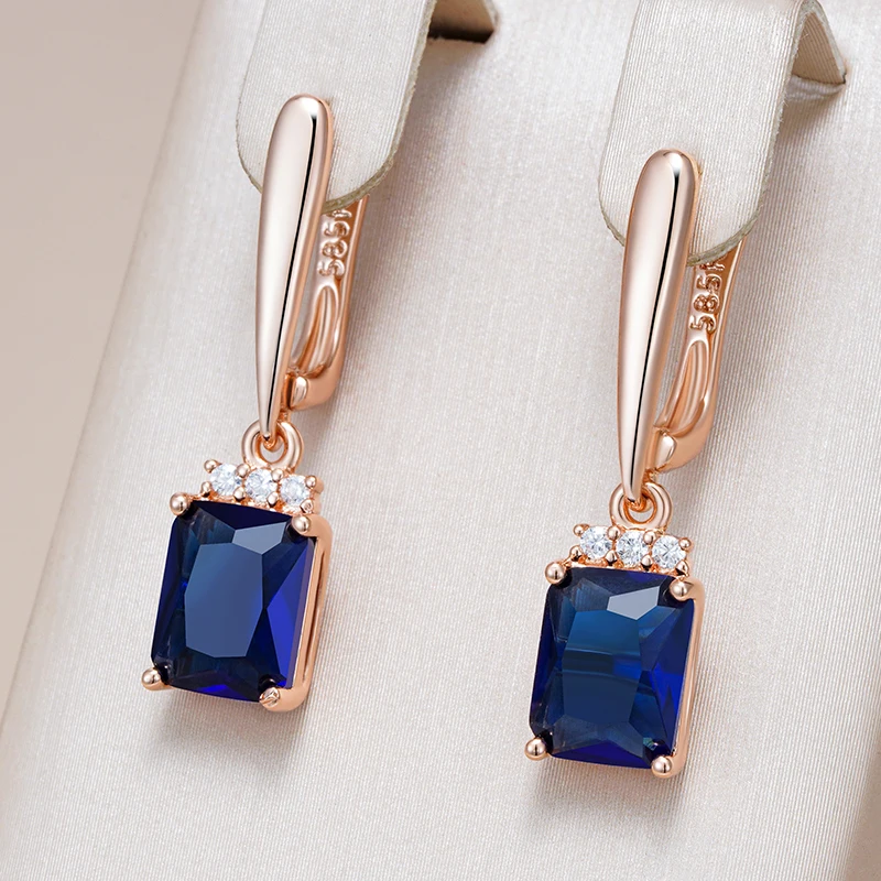 Kinel Unusual Shiny Square Blue Natural Zircon Drop Earrings for Women Luxury 585 Rose Gold Color Party Daily Fine Jewelry Gift