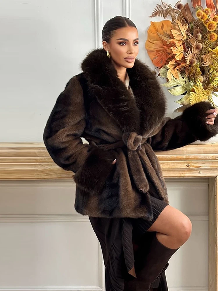 Frauen Chic Schokolade Farbige Faux Pelz Jacke Winter Vintage Lange Ärmeln Dicke Warme Mantel Verstellbare Taille High Street Oberbekleidung