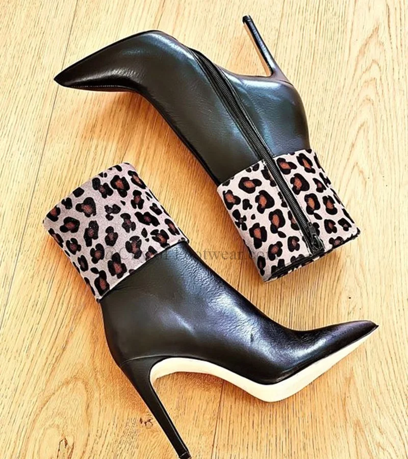 Pointed Toe Leopard /Zebra Print Sexy Ankle Boots Women Black Fur Leather Thin High Heels Big Size Booties Luxury Designer Shoes image 3
