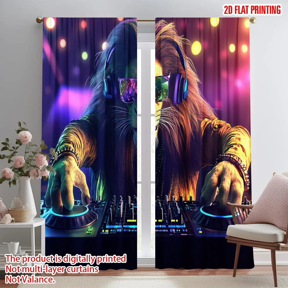 

2D flat printing 2pcs Window Curtains Lion DJ at Party Digital Printed Polyester Drapes Holiday Decorations for Holiday Parties