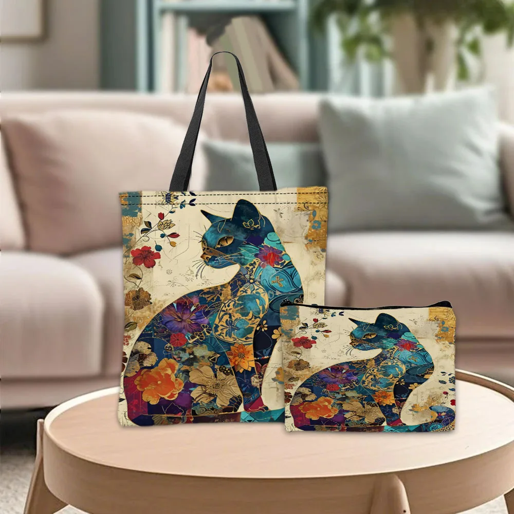 Chic Retro Flowers Cat Shopping Bag Ethnic Style Makeup Bag Storage Casual Shopping Shoulder Bags Women's Handbag Toiletry Pouch