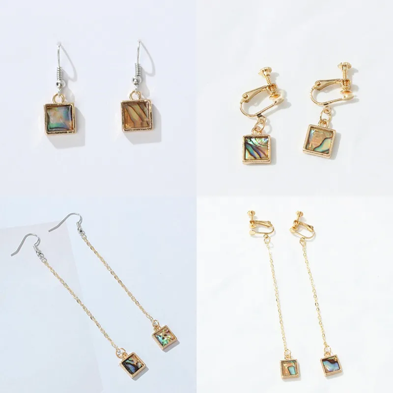 Bohemian Tassel Long Earrings For Women Ear Clip Retro Green Texture Geometric Square Earrings Fashion Jewelry Gift Wholesale