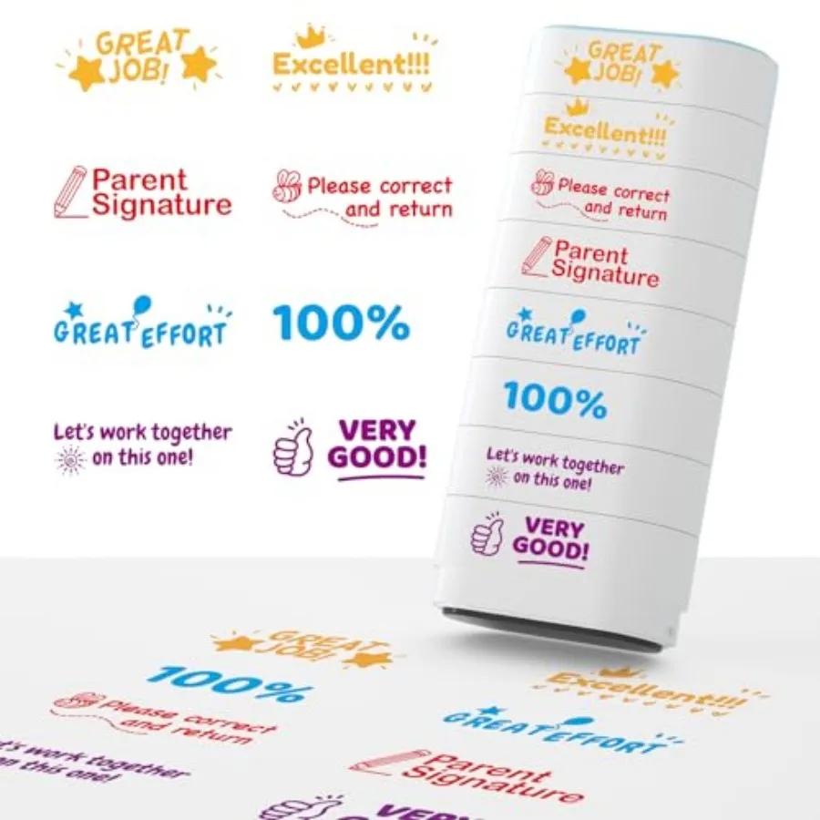 8-in-1 Teacher Stamps for Grading, Classroom and Homework - Self-Inking Set, Must-Have for Teachers Colorful