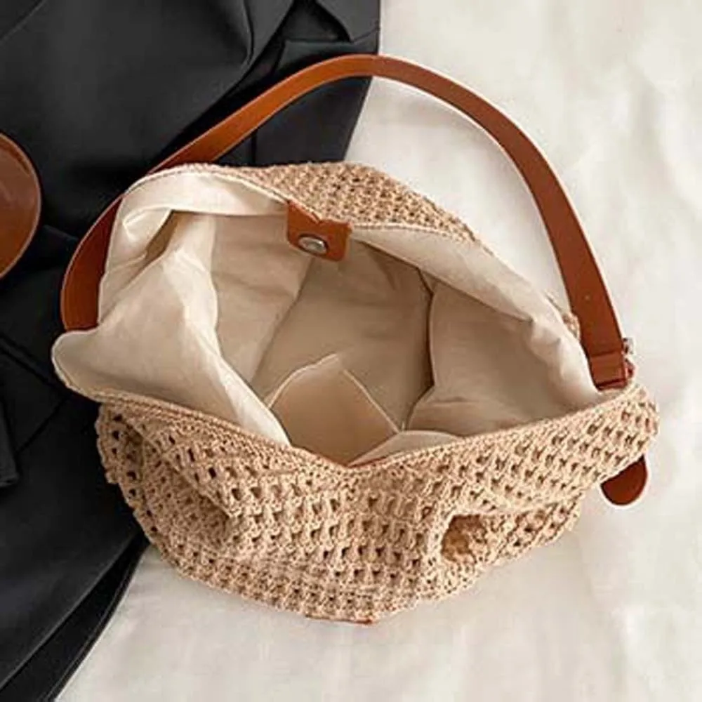 

Trendy Casual Crochet Tote Bag Large Capacity Magnetic Button Hollow Woven Bag Polyester PU Strap Knitting Handbag School