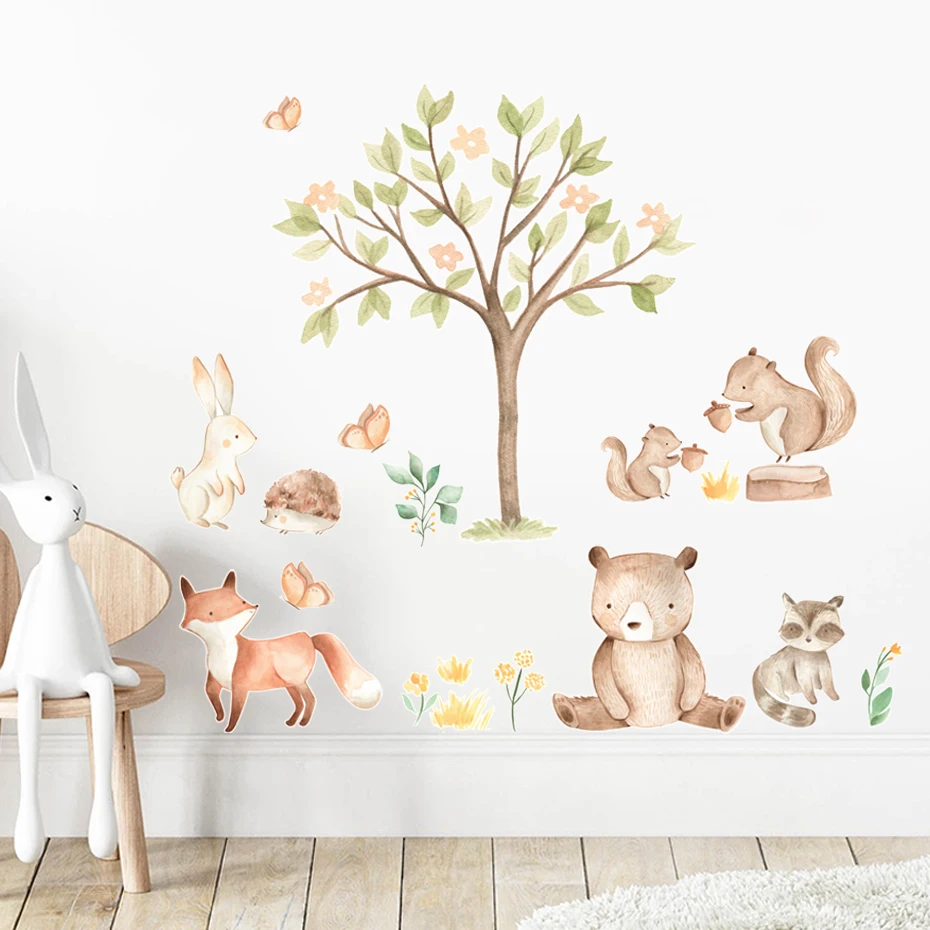 Cartoon Cute Animal illustration Watercolor Nursery Sticker  Removable Wall Decals Art Print Kids Boys Room Interior Home Decor