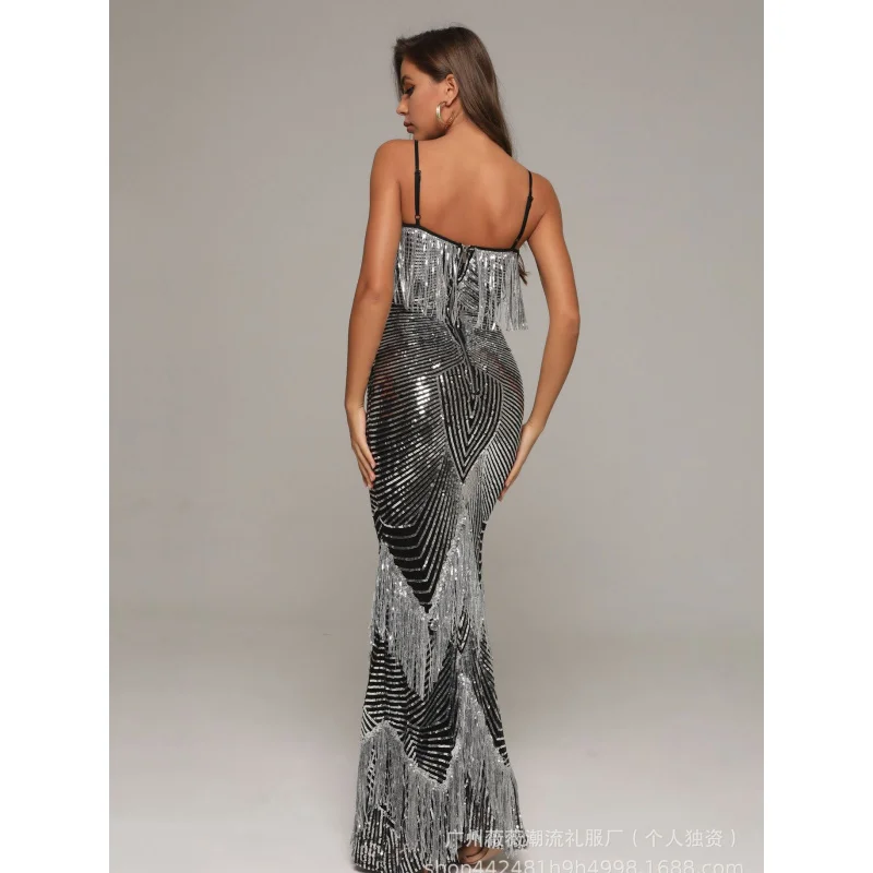 Nieuwe aankomst damesmode spaghetti jurk zilver kwastje pailletten sexy bodycon runway podium avondjurk