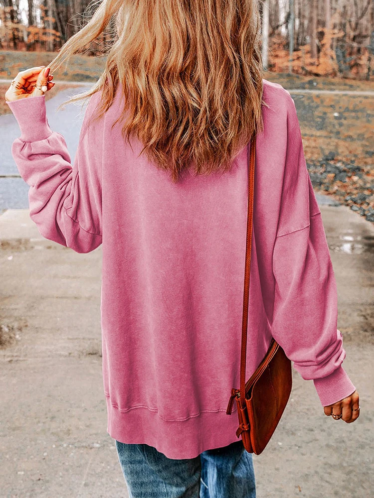 Autumn Solid Color Side Slit Sweatshirt Female Vintage Round Neck Long Sleeve Tops Casual Loose Hoodies Street Women Clothes