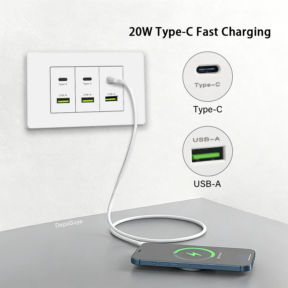Enchufe de pared con puerto USB tipo C, carga inteligente superrápida de 20W, estándar de Corea y Chile, 118x73mm