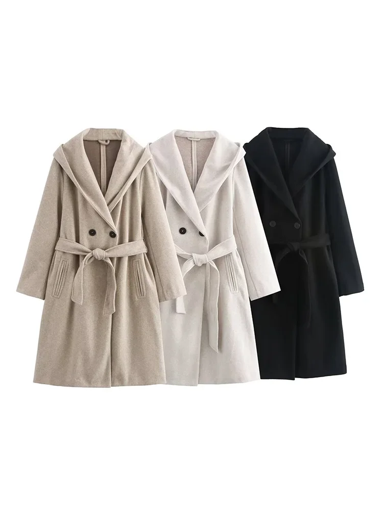 Willshela Women Fashion With Belt Solid Double Breasted Trench Vintage Hooded Neck Long Sleeves Female Chic Lady Outfits