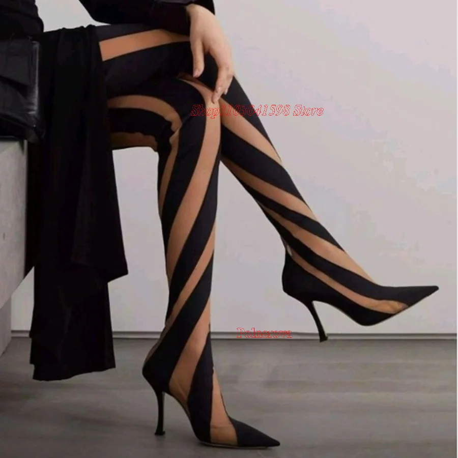 Cuissardes sexy rayées, bottes pointues à talons aiguilles, pour fête de mariage, grande taille, nouvelle collection 2023