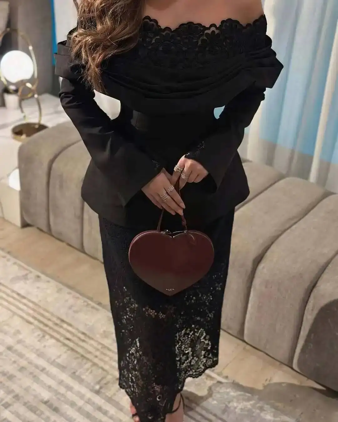 LGRQ 2026 Slash Collar Spring And Autumn Flare Sleeves Slim High Waist Women's Sexy Bodycon Off-Shoulder Lace Evening Dress