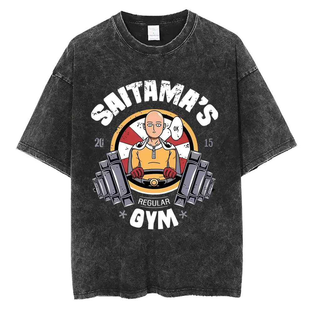 Washed Vintage Anime One Punch Man Saitama Saitama's Gym Funny Meme Graphic T Shirt Men Women Fitness Casual Oversized T-shirts