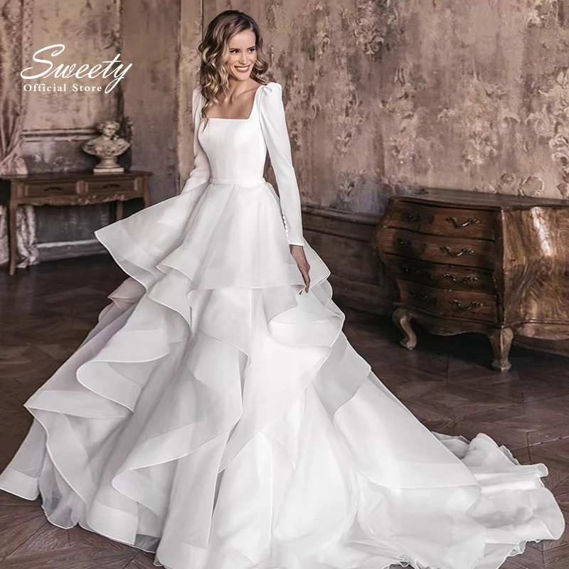 

Romantic Weddingdress Satin A-Line Floor Length Square Collar Ballgown Full Sleeve Bridedress Customized Button Vestido De Novia