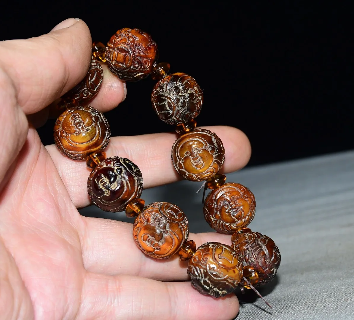 Old ox horn hand carving Maitreya Buddha Head 10 bracelets Buddha beads Study Amass wealth Ornaments