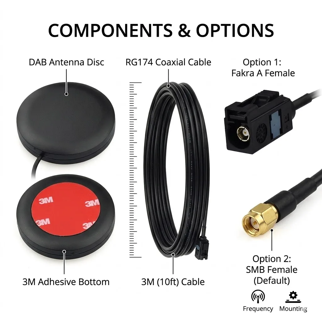EIGHTWOOD-Antenne Radio Numérique DAB pour Voiture, 2320-2345 MHz, Audio, Fakra A SMB, Connecteur Femelle, Câble de 3m, Montage en Verre Adhésif