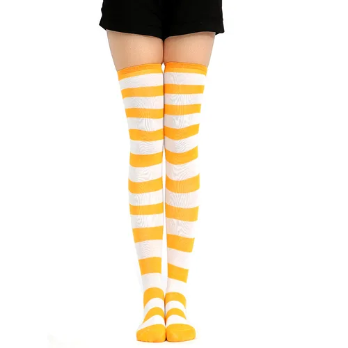 JK-medias de Cosplay para mujer, calcetines largos de Lolita con tiras amarillas y blancas, calcetines hasta el muslo por encima de la rodilla, calcetines de compresión para mujer