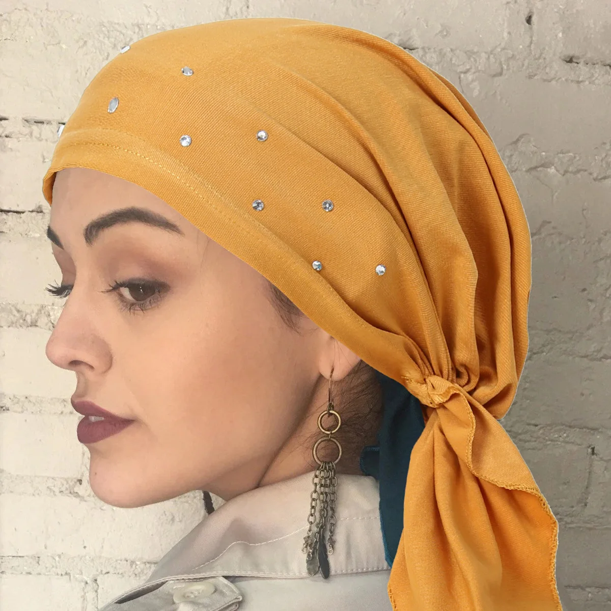 

Muslim Hijab Inners Stretchable Hijab Turban Women Pre-Tied Long Tail Headscarf Islamic Underscarf Head Cover Diamonds Headwrap