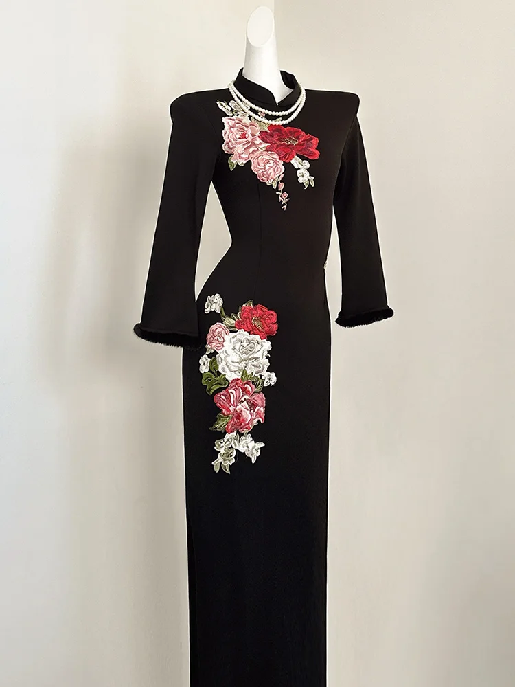 

Bla Embroidered Fro Coat Dr Thiened Fce Warm Slim Fit High Quali Chinese Sle Long Qipao Dr for Women