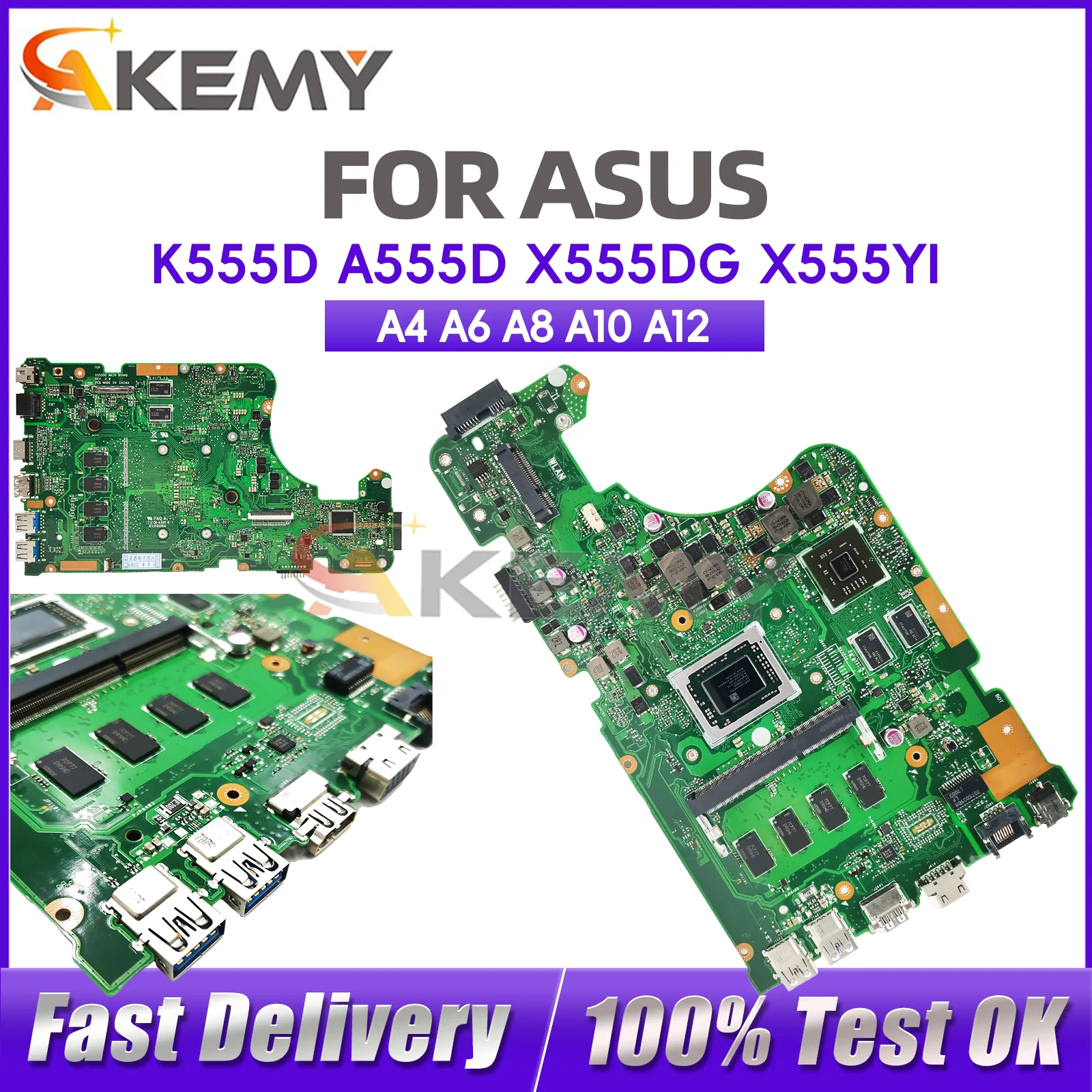 

Материнская плата для ноутбуков ASUS VivoBook X555DG, X555YI, X555YA, A555D, X555D, K555D с процессорами A4, A6, A8, A10, A12