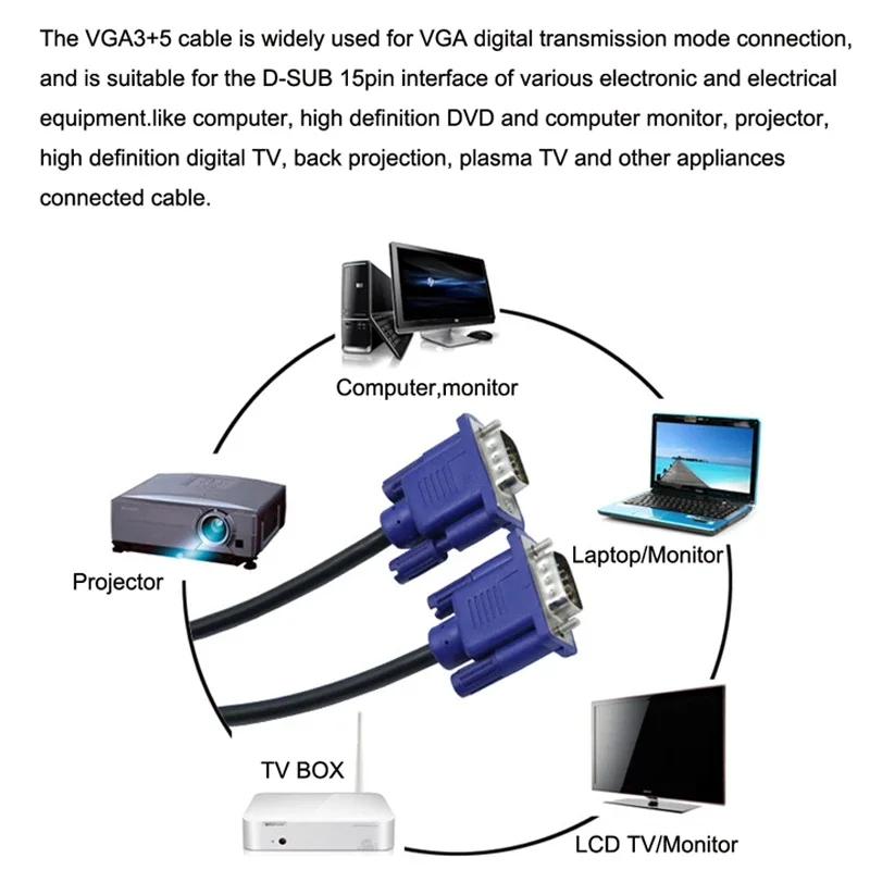 VGA To VGA Cable 15 Pin Male To Male Video Extension Converter Connector for Computer Monitor Screen Projector PC TV Adapter