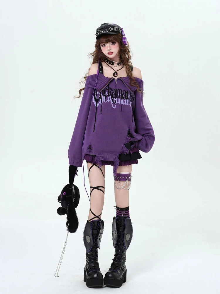 QWEEK Gothic Goth Harajuku Off Shoulder Oversize Sweater Grunge Design Sexy Letter Print Long Sleeve Black Pullovers 2024 Autumn